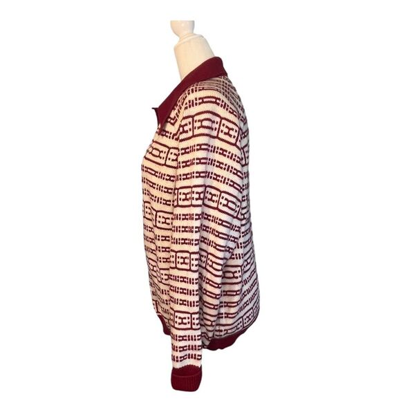 Vintage 70s Donegal Pointed Collared Sweater Burgundy Cream Knit Pattern L - Picture 3 of 6